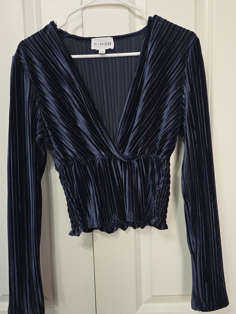 Olive & Oak Navy Blue Velvet Pleated Wrap Crop Top